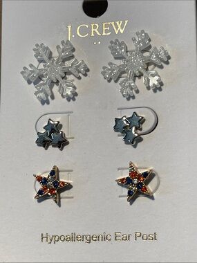 J. Crew hypoallergenic post earring set: patriotic and gold stars & snowflakes